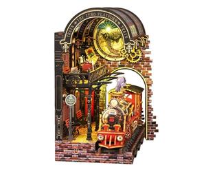 Cubertime Kit fai da te, puzzle 3D in legno con stazione ferroviaria magica con LED, modello retrò da viaggio nel tempo, fermalibri con inserto per mensole, regalo decorativo per adulti dai 16 anni in
