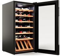 °CUBES Frigorifero per vino da 28 bottiglie (90 L) con elegante porta in vetro e ripiani di alta qualità in legno di faggio, 5 - 18 °C, a bassa vibrazione e silenzioso (40 dB), con display a LED,