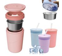 Cubetti Ghiaccio Silicone Con Bicchiere Acciaio Inox,Parete 2-In-1,Rosa | Stampi Per Ghiaccio Coperchio Incluso, Isolato A Doppia Parete, Senza Bpa, Riutilizzabile Con Ghiaccio,Campeggio e Ufficio
