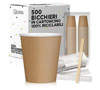 cubex professional 500 Bicchieri in Carta da 240 ML Avana + 500 Palette in Legno da 14 cm, per Caffè, Acqua, Bevande Calde e Fredde, 100% Riciclabili