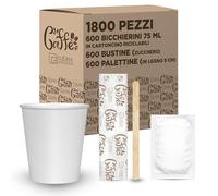 cubex professional Kit Caffè 1800 Pezzi Formato da 600 Bicchierini in Cartoncino riciclabili da 75 ml, 600 Bustine di Zucchero e 600 Palettine in Legno 9 cm