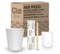 cubex professional Kit Caffè 450 Pezzi Formato da 150 Bicchierini in Cartoncino riciclabili da 75 ml, 150 Bustine di Zucchero e 150 Palettine in Legno 9 cm