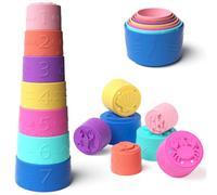 Cubi Impilabili Bambini Giocattoli per 6-12 Mesi, 7 Pezzi Montessori Costruzioni per Bambini Impilabile, Dentizione Neonato Silicone, Perfetto per Il Bagnetto, Regalo Bimba Bimbo 3 6 18 Mesi 1 Anno
