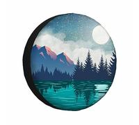 Cubierta de rueda de repuesto con diseño de lago azul y verde, árboles de montaña, luna, estrellas y noche pacífica, resistente a la intemperie, universal, para caravanas, remolques y viajes en RV (17