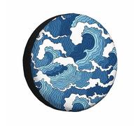 Cubierta de rueda de repuesto con olas azules y blancas, con patrón abstracto japonés de tsunami marino, resistente a la intemperie, universal, para caravanas, remolques y viajes en RV (17 pulgadas)