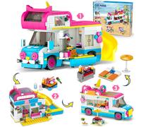 CUBIMANA 3 in 1 Ragazze Camper Van Kit di costruzione - Set di blocchi da costruzione per il campeggio | Giocattoli da costruzione per autobus urbani con scivolo e adesivi | Regali per ragazze