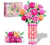 CUBIMANA Set da costruzione con bouquet di rose rosa romantiche con vaso e luce LED, fiori botanici da 3,6 mm mini giocattoli da costruzione, fiori artificiali per decorazioni e esposizione della casa