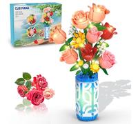 CUBIMANA Set di bouquet di fiori con vaso e luce LED, 14 mini rose di fiori botanici da costruzione, regalo per San Valentino per lei e lui, rose artificiali fai da te, decorazione per casa e ufficio