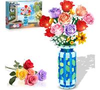 CUBIMANA Set di costruzione di fiori di rosa con vaso e luce LED, 16 mini giocattoli da costruzione di bouquet di fiori, regalo per adulti e bambini, fiori artificiali per la decorazione della casa