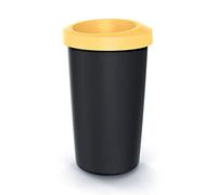 Cubo di riciclaggio 45L Keden in plastica con prove sul coperchio giallo aperto.