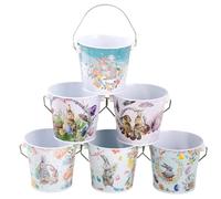 Cubo per Pasqua, cestino portaoggetti con motivo coniglio, 6 pezzi | Secchio in metallo per cioccolato con manico per bambini, dolci e decorazione per la ricerca delle uova