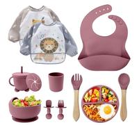 CUBTEM Set Pappa Svezzamento, Set di 12 Piatti per Bambini,Ventosa Ciotola e Cucchiaino per Neonati, Bavaglino in Silicone, Set di Posate per Bambini per Lo Svezzamento e L'Alimentazione
