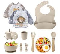 CUBTEM Set Pappa Svezzamento, Set di 12 Piatti per Bambini,Ventosa Ciotola e Cucchiaino per Neonati, Bavaglino in Silicone, Set di Posate per Bambini per Lo Svezzamento e L'Alimentazione