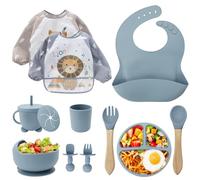CUBTEM Set Pappa Svezzamento, Set di 12 Piatti per Bambini,Ventosa Ciotola e Cucchiaino per Neonati, Bavaglino in Silicone, Set di Posate per Bambini per Lo Svezzamento e L'Alimentazione