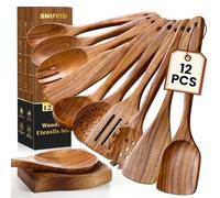 Cucchiai in legno per cucinare, set di 12 utensili da cucina in legno per padelle e pentole antiaderenti, 100% legno di teak naturale, robusti, leggeri e resistenti al calore