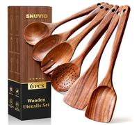 Cucchiai in legno per cucinare, set di 6 utensili da cucina in legno per padelle e pentole antiaderenti, 100% legno di teak naturale, robusti, leggeri e resistenti al calore