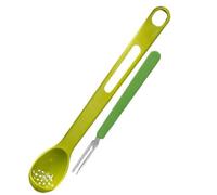Cucchiai per olive, forchetta per sottaceti, in plastica, multifunzionale, due in uno, con raccoglitore, per olive, cipolle, frutta, alimenti in scatola (verde)