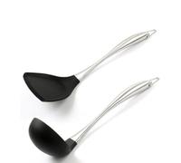 Cucchiaio da Cucina Antiaderente in Silicone e Acciaio Inox per Zuppa | Argento, Resiste alle Alte Temperature, Non Graffia la Superficie, per Cucinare e Servire Zuppe