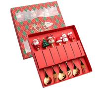 Cucchiaio in acciaio inossidabile, cucchiai di Natale e forchette set da 6 pezzi Babbo Natale, cucchiai da tè per renne e forchette da dessert in acciaio inossidabile decorazioni per la festa di nata