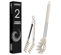 Cucchiaio in silicone per spaghetti e pinza per pasta, forchetta con denti | Pinza per spaghetti antiaderente, resistente al calore, con manico in acciaio inox, colore: cachi