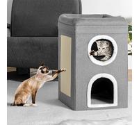 BAKAJI Cuccia per Gatti Pieghevole Grigio 2 Ripiani Verticale, Casetta Rifugio per Animali Domestici, Tiragraffi in Poliestere Caldo e Imbottito, Cuccetta Graffiatoio con Base Antiscivolo 41x41x63cm