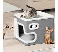 BAKAJI Cuccia per Gatti pieghevole con Grande Ingresso, Casetta Rifugio per Animali Domestici, Tiragraffi in Poliestere Caldo e Imbottito, Cuccetta Graffiatoio Base Antiscivolo 42x42x33 cm (Grigio)