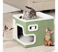 BAKAJI Cuccia per Gatti pieghevole con Grande Ingresso, Casetta Rifugio per Animali Domestici, Tiragraffi in Poliestere Caldo e Imbottito, Cuccetta Graffiatoio Base Antiscivolo 42x42x33 cm (Verde)