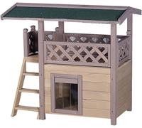 Cuccia per Gatti in Legno, Condominio per Gatti A 2 Piani con Scale/Balcone, Centro attività per Animali Domestici All'aperto E Habitat, Tetto Impermeabile/Porta per Tende T, Khaki, 77x50x73CM