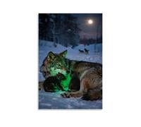 Cuccioli di lupo che si nascondono tra le braccia della madre, luce verde tremolante nella notte innevata, con lupi che ululano in lontananza, decorazione da parete moderna da appendere, stampa