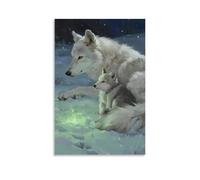 Cuccioli di lupo che si nascondono tra le braccia della madre, luce verde tremolante nella notte innevata, con lupi che ululano in lontananza, decorazione da parete alla moda, poster artistico da