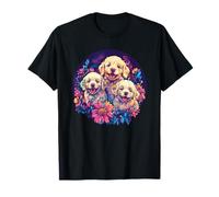 Cuccioli Golden Retriever circondati da fiori colorati Maglietta