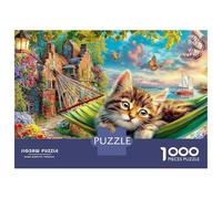 Cucciolo di Beagle in giardino Puzzle da 1000 pezzi Gatto che riposa in un'amaca colorata per giochi educativi per adulti Bellissima decorazione Difficile e stimolante Regalo di compleanno 52x38 cm