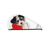 Cucciolo di cane con un cuore rosso Stampato Asciugamano per asciugare i capelli Berretto per capelli asciutti in velluto corallo assorbente ad asciugatura rapida con bottone fisso per asciugare cap