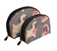 Cucciolo Di Carlino Cartone Animato In Un Bicchiere E In Un Papillon, Borsa per trucco a conchiglia Portamonete da donna Borsa da toilette piccola Borsa per cosmetici 2 pezzi