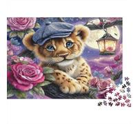 Cucciolo di Leone Simpatico Cappello 1000 Pezzi Puzzle per Adulti Simpatico Cucciolo di Leopardo tra Rose con Lanterna Stimolante Difficile Premium Robusto Antistress Gioco in Famiglia 52x38cm/1000pz