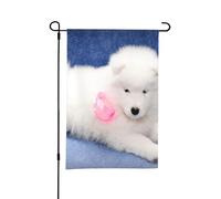 Cucciolo di Samoiedo con fiocco peloso, bandiera estiva da giardino bifacciale da 12x18 pollici, per esterni