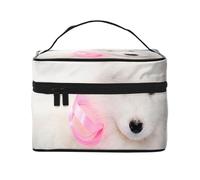 Cucciolo di Samoiedo, cucciolo di cane bianco con fiocco peloso, borsa da viaggio per il trucco da donna, grande organizer per cosmetici