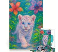 Cucciolo di tigre bianca tra la vegetazione tropicale Puzzle da 1000 pezzi per ragazzi Gioco di memoria Incastro perfetto,nessun pezzo si stacca Gioco di logica da viaggio (50x75cm)