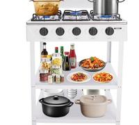 Cucina a gas professionale da esterno a quattro fuochi con attacco per gas naturale - sistema di separazione verticale per campeggio e giardino, incluso ripiano portaoggetti a due livelli, nero/bianco