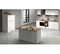 Cucina completa Baptiste, Set con dispensa, Mobile per cucinotto, Kit blocco con isola e portafrigo, 100% Made in Italy, Bianco lucido e Rovere