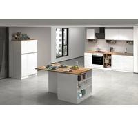 Cucina completa Baptiste, Set con dispensa, Mobile per cucinotto, Kit blocco con isola e portafrigo, 100% Made in Italy, Bianco lucido e Rovere