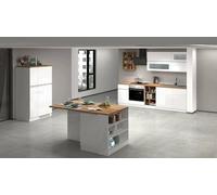 Cucina completa Baptiste, Set con dispensa, Mobile per cucinotto, Kit blocco con isola e portafrigo, 100% Made in Italy, Bianco lucido e Rovere
