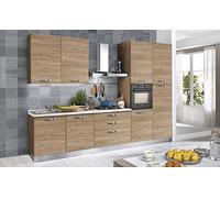 Cucina completa di elettrodomestici (forno, lavandino, cappa cottura) design lineare - effetto noce chiaro- Dimensioni: cm. 330 x 60 x 240- lavandino a sinistra