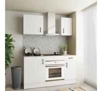 Cucina Componibile Completa Da 160 Cm Moderna Salvaspazio con Cassetti Ammortizzati Piedini Regolabili Moduli Pensili Facile Da Installare Bianco Lucido e Rovere