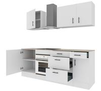 Cucina Componibile Completa Da 220 Cm Moderna Salvaspazio con Cassetti Ammortizzati Piedini Regolabili Moduli Pensili Facile Da Installare Bianco Lucido e Rovere