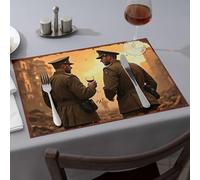 Cucina e sala da pranzo, due soldati in uniforme condividono un bicchiere di vino tra le rovine, tovagliette da pranzo, decorazioni per la tavola pasquale (6 pezzi)