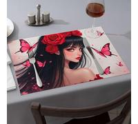 Cucina e sala da pranzo ornata con rose rosse, circondata da farfalle rosa, tovaglietta tovaglietta decorazione per la tavola pasquale (4 pezzi)