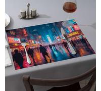 Cucina e sala da pranzo Una vivace strada cittadina di notte con luci al neon che si riflettono sul pavimento bagnato, tovagliette da pranzo moderne decorazioni per feste in stile occidentale (1 pezzo