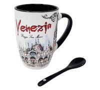 CUCUBA Tazza Mug in Ceramica con Cucchiaino Nero Integrato Design Artistico Venezia con Illustrazioni Monumenti Ponte di Rialto San Marco Canal Grande 36cl Lavabile