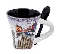 CUCUBA Tazzina da Caffè in Ceramica con Cucchiaino Nero Integrato Design Artistico Città Principali e Monumenti Italiani Milano Roma Venezia Verona Pisa 120ml Lavabile